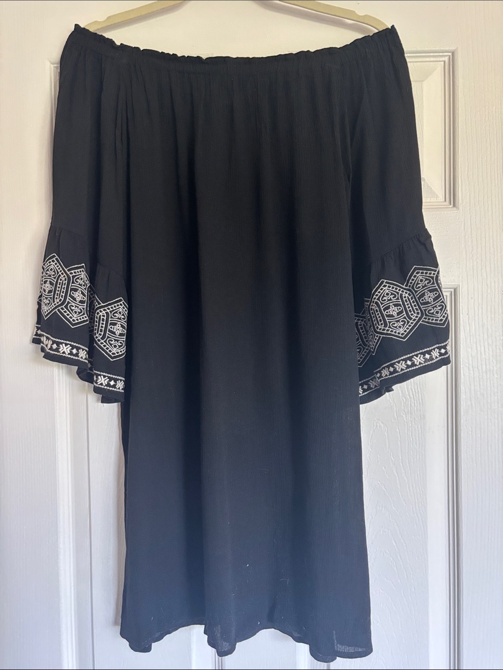 Flying Tomato Black Off-Shoulder Embroidered Bell-Sleeve Mini Dress
